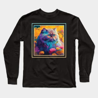 Voluptuous Persian Cat Vibrant Tropical Flower Digital Oil Painting Pet Portrait Long Sleeve T-Shirt